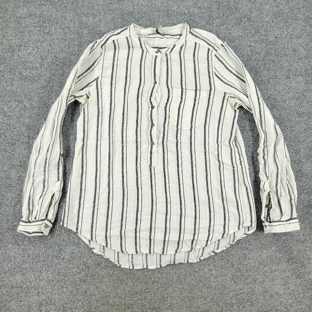 Lucky Brand Button Shirt Women Medium White Striped Pocket Long Sleeve Top Adult
